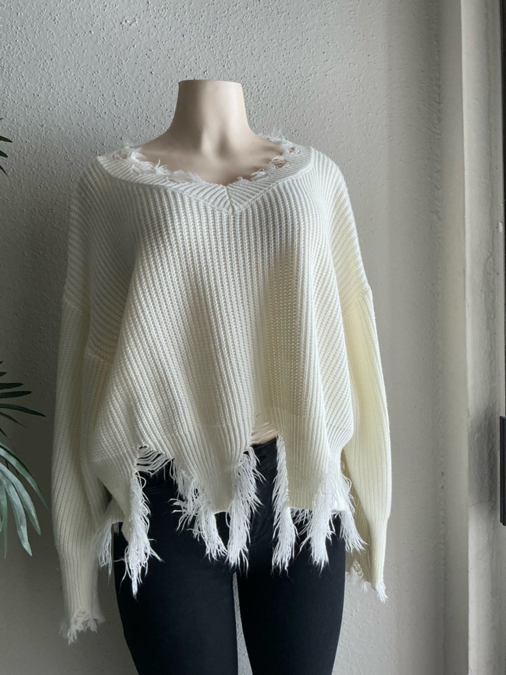 SHEIN Distressed V-Neck Chunky Knit Sweater - Cream